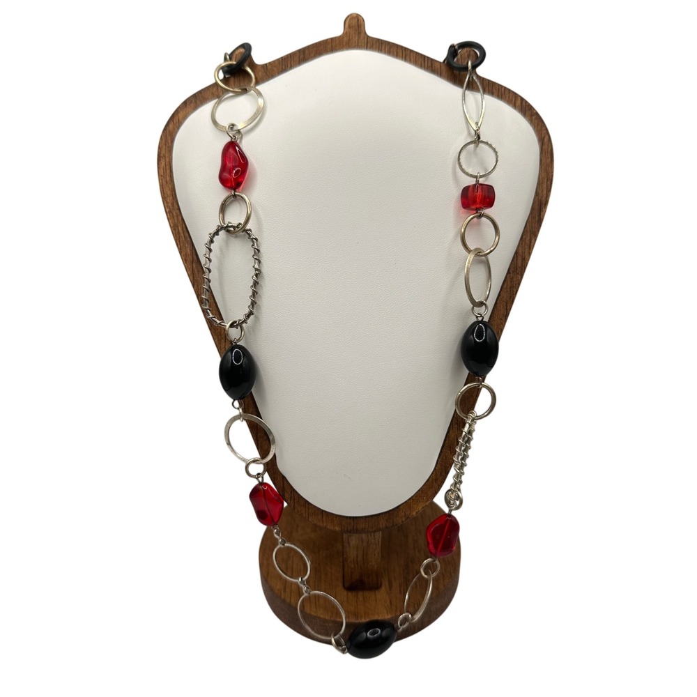 VTG Long Silver Tone Link Necklace Red Black Beads Mixed Metal Fairy Gothic‎ 24"